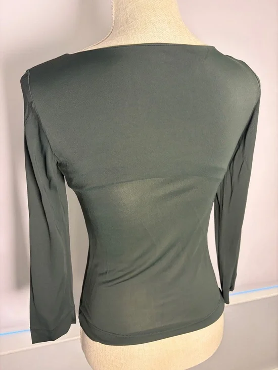 Moschino Deep Green Long-Sleeve V-Neck Ruched Tie Front Top Sz 6 - Picture 4 of 6